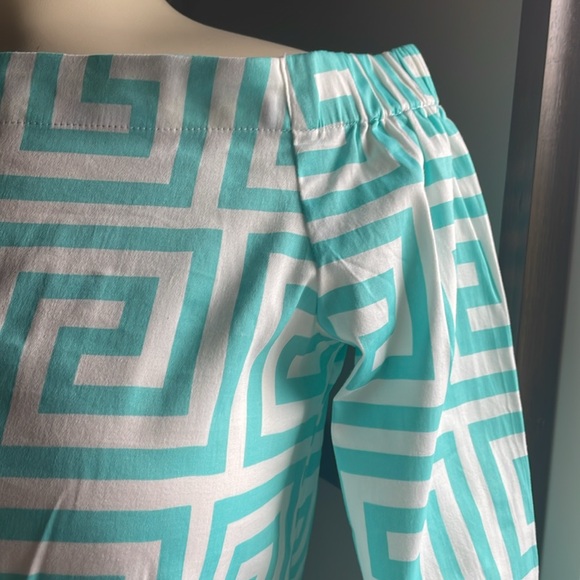 Unique Turquoise blue and white Greek key patterned off the shoulder shirt . - Picture 5 of 9